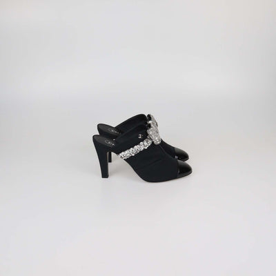 Chanel Black Fabric and Patent Leather Rhinestone Bow Cap Toe Mules
