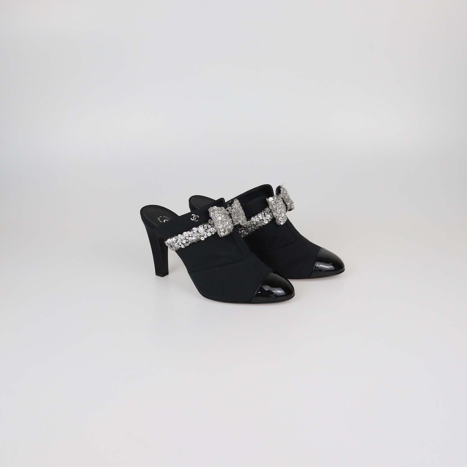 Chanel Black Fabric and Patent Leather Rhinestone Bow Cap Toe Mules