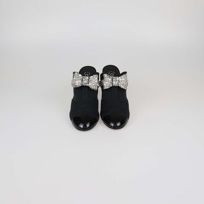 Chanel Black Fabric and Patent Leather Rhinestone Bow Cap Toe Mules