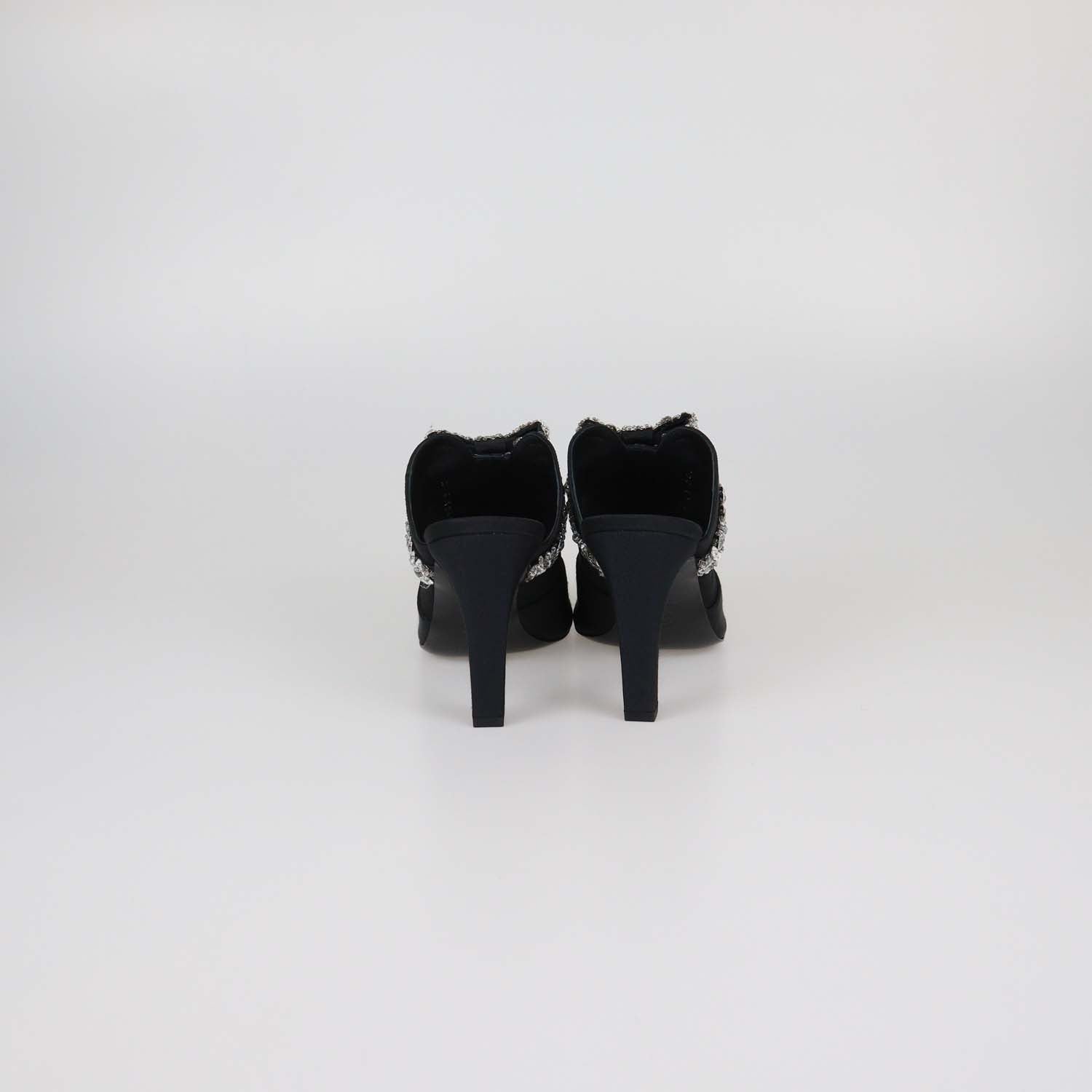 Chanel Black Fabric and Patent Leather Rhinestone Bow Cap Toe Mules