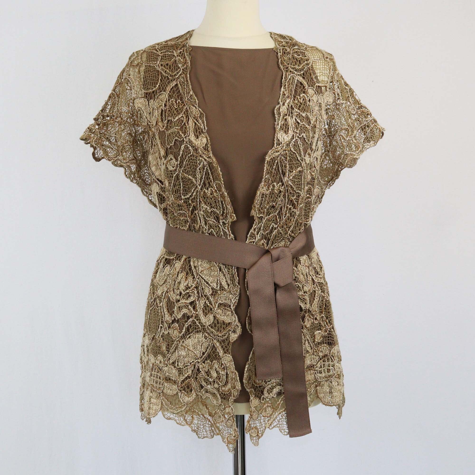 Brunello Cucinelli Gold Lace Sleeveless Belted Blouse Womens Brunello Cucinelli 