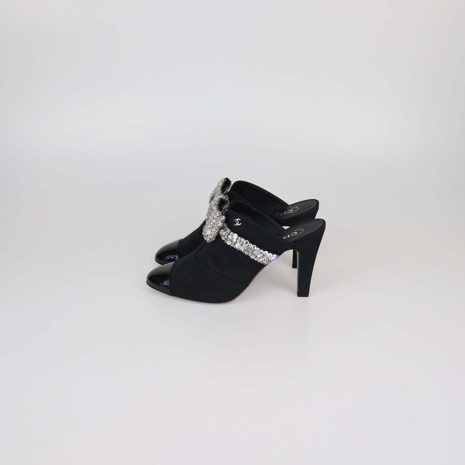 Chanel Black Fabric and Patent Leather Rhinestone Bow Cap Toe Mules