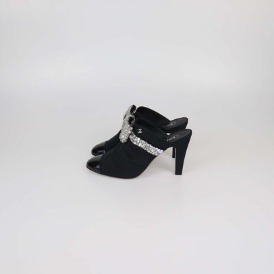 Chanel Black Fabric and Patent Leather Rhinestone Bow Cap Toe Mules