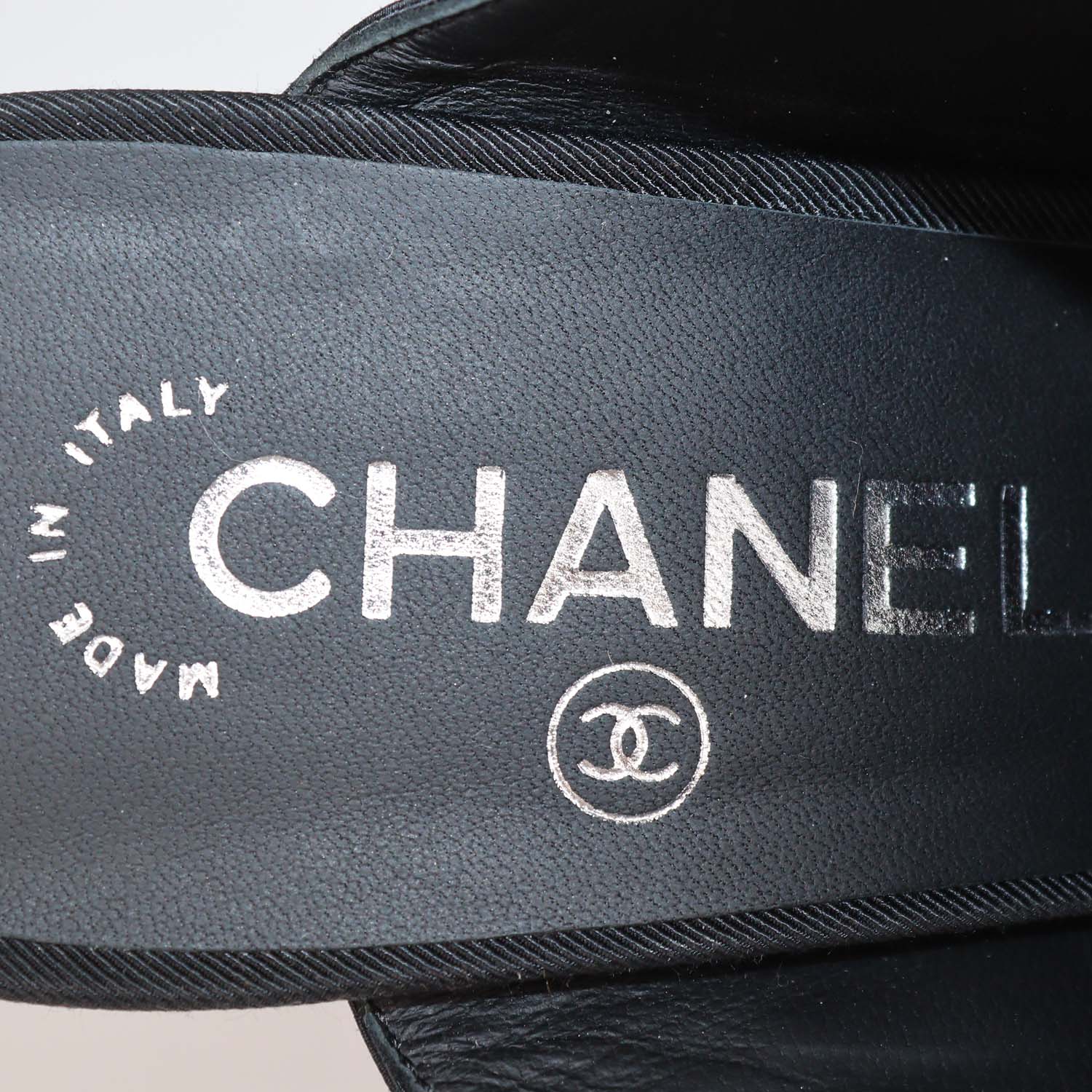 Chanel Black Fabric and Patent Leather Rhinestone Bow Cap Toe Mules