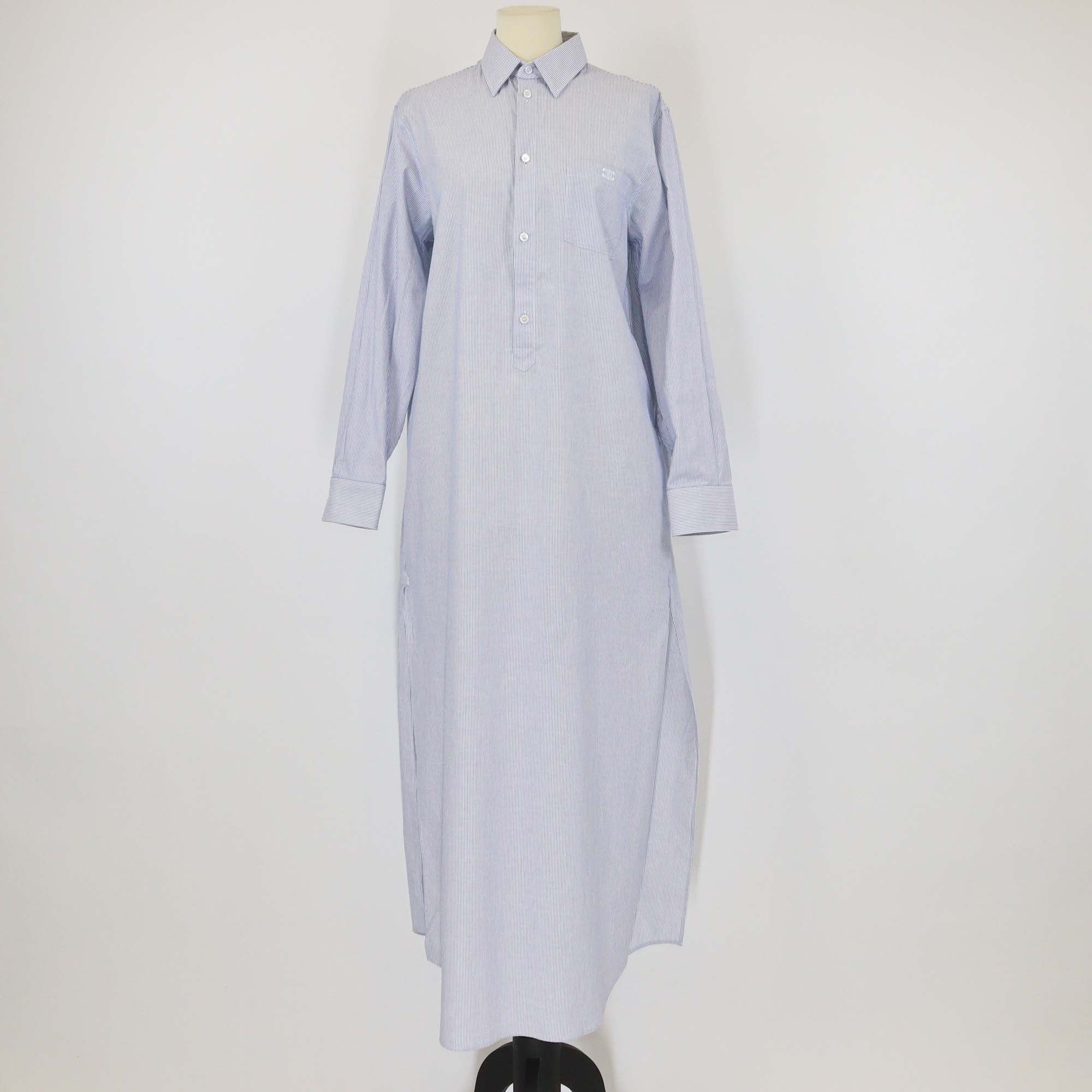 Celine Blue Poplin Cotton Striped Long Sleeve Midi Shirt Dress