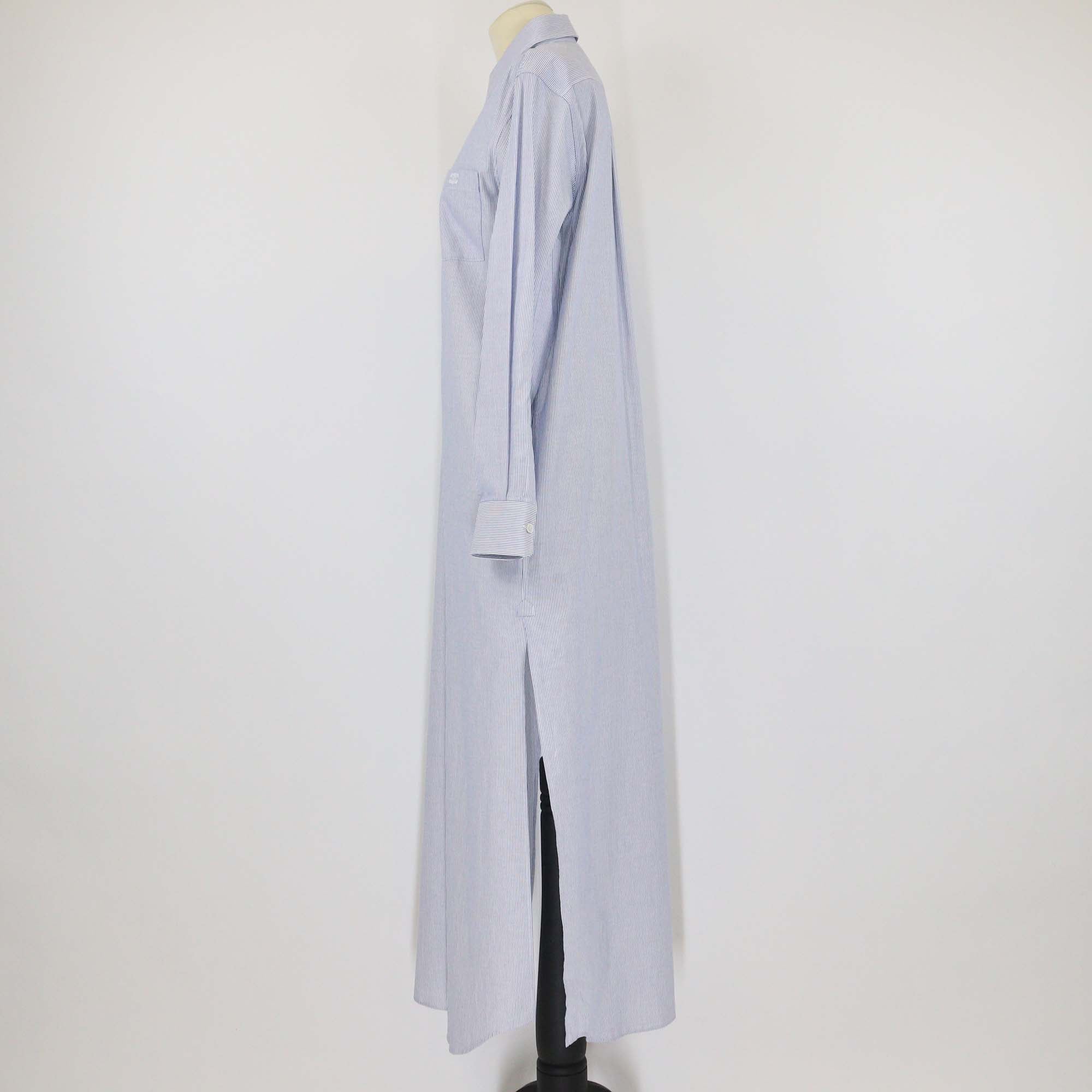 Celine Blue Poplin Cotton Striped Long Sleeve Midi Shirt Dress