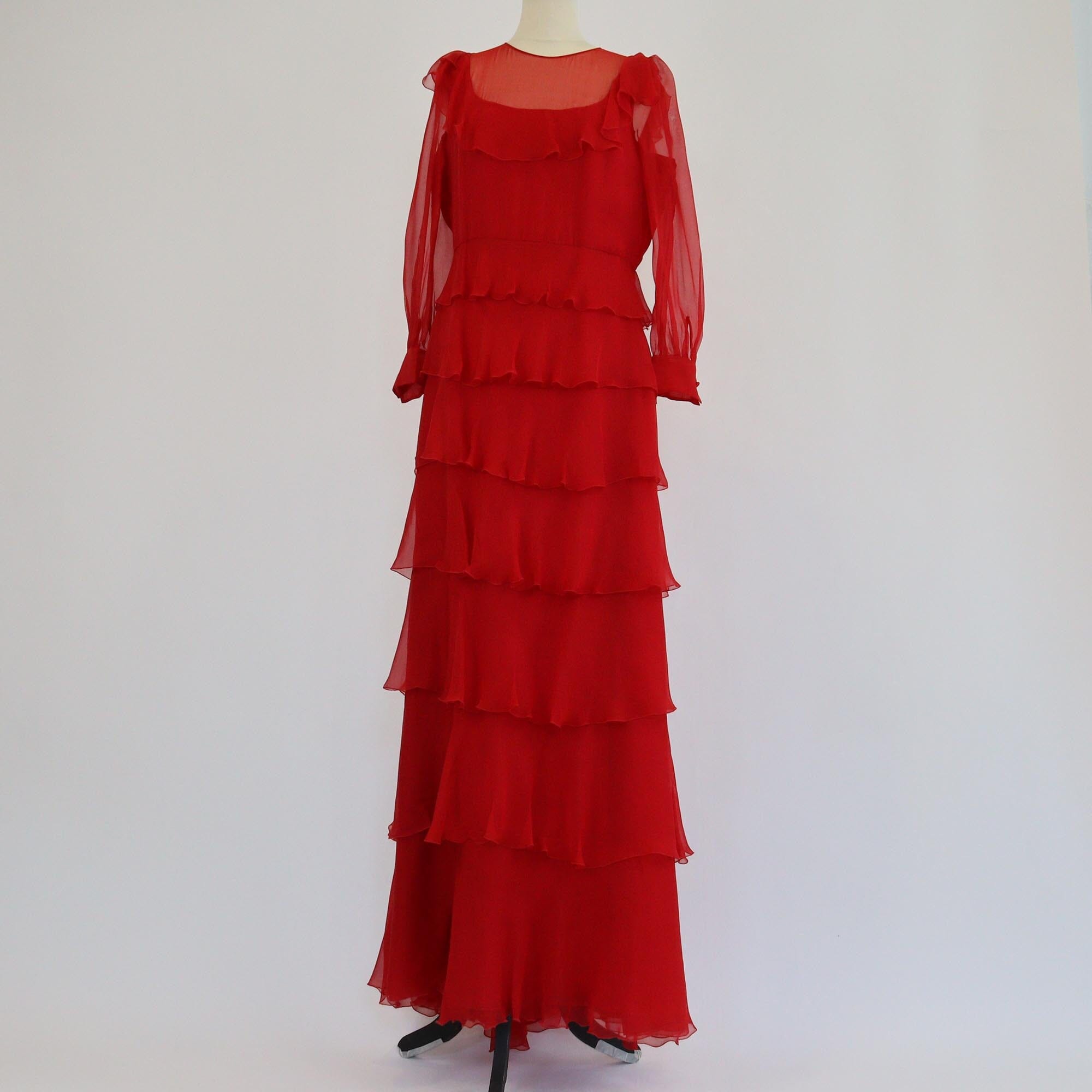 Valentino Red Ruffled Long Sleeve Maxi Dress Womens Valentino 