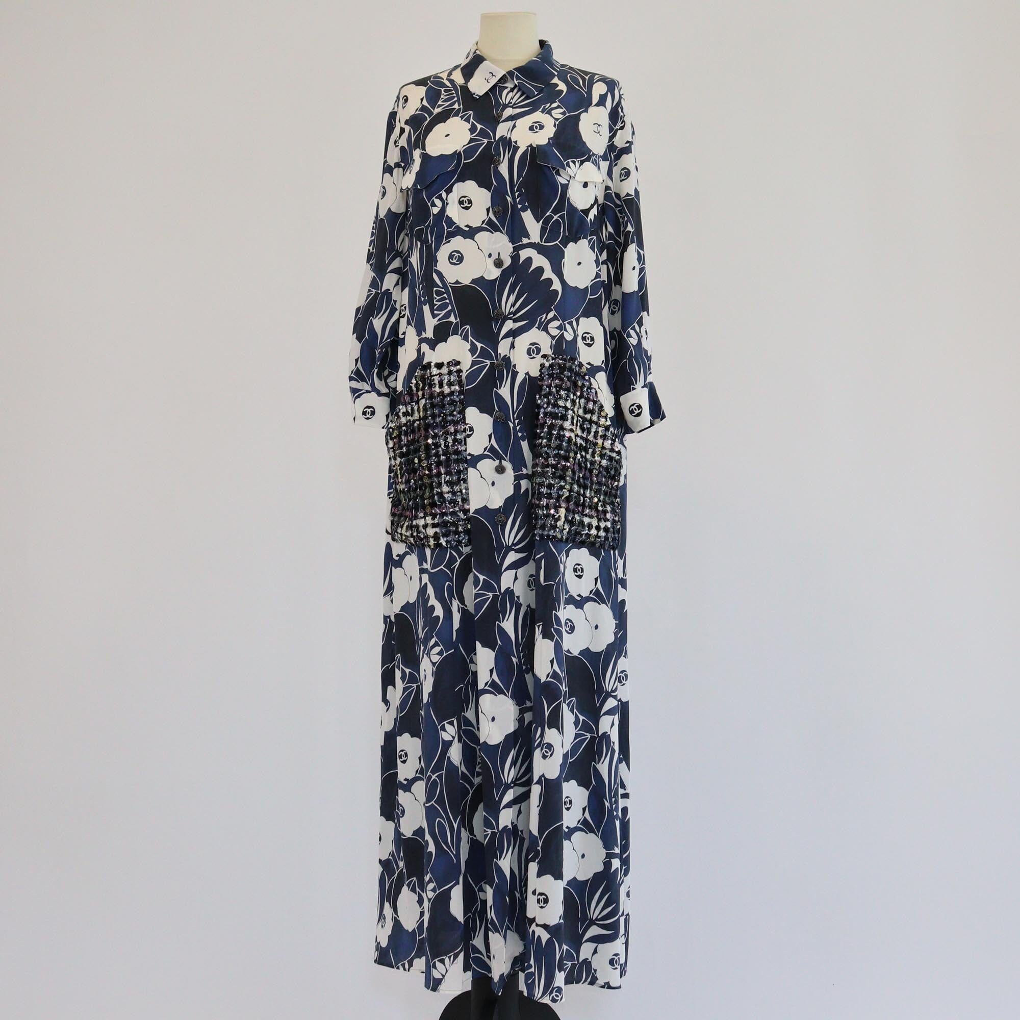 Chanel Blue/White Sequins Crystals 3 Quarter Sleeve Maxi Dress Womens Chanel 