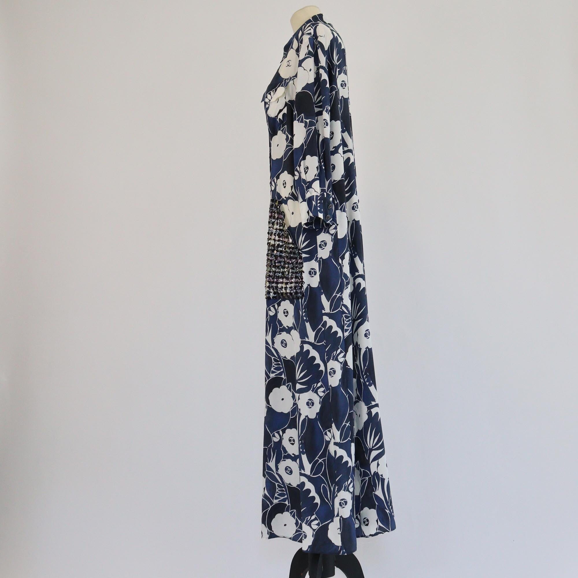 Chanel Blue/White Sequins Crystals 3 Quarter Sleeve Maxi Dress Womens Chanel 