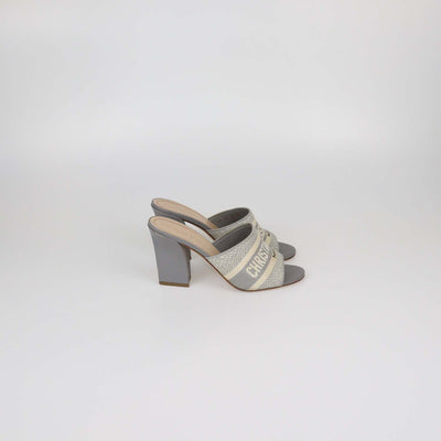 Christian Dior Grey Embroidered Canvas Dway Block Heel Slide Sandals