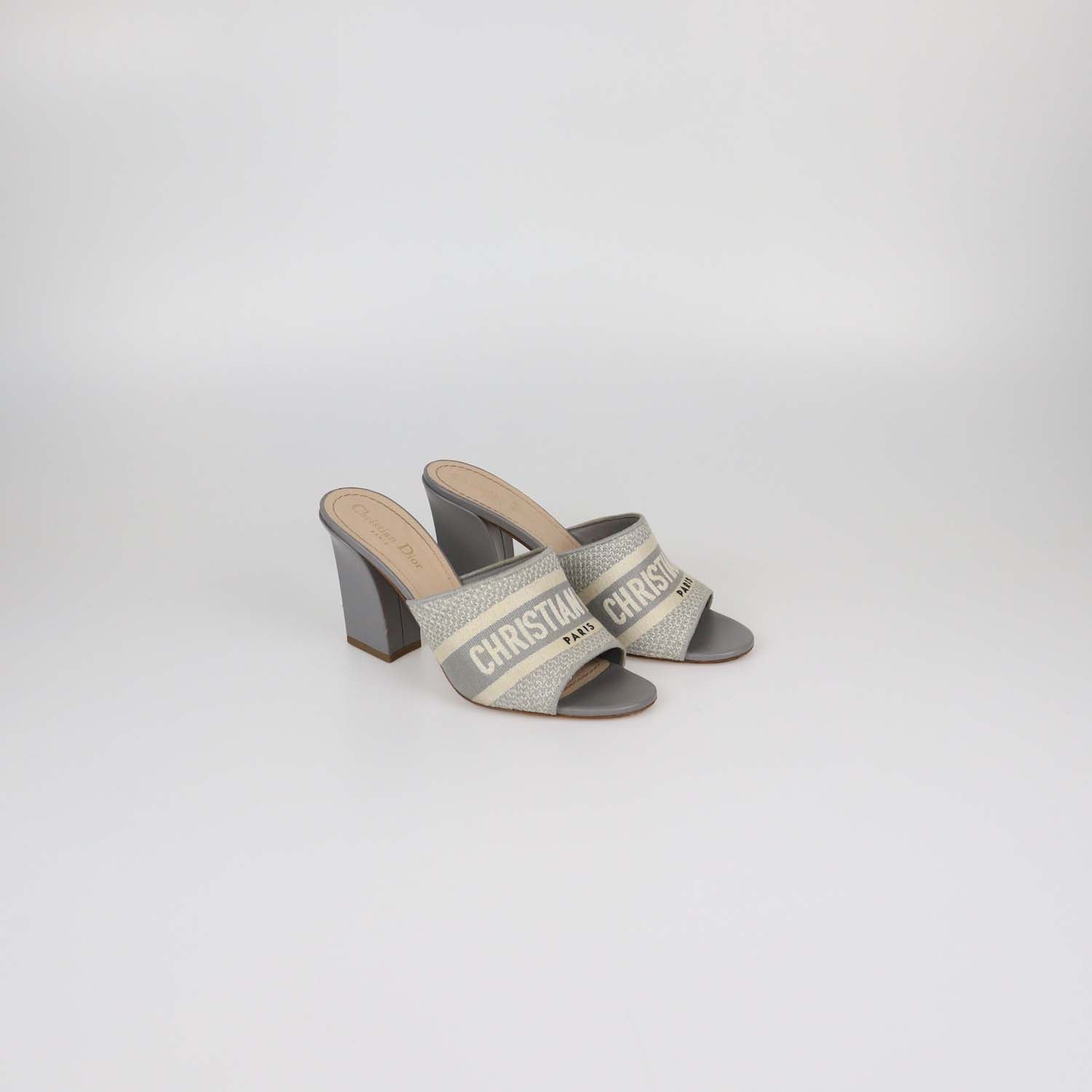 Christian Dior Grey Embroidered Canvas Dway Block Heel Slide Sandals