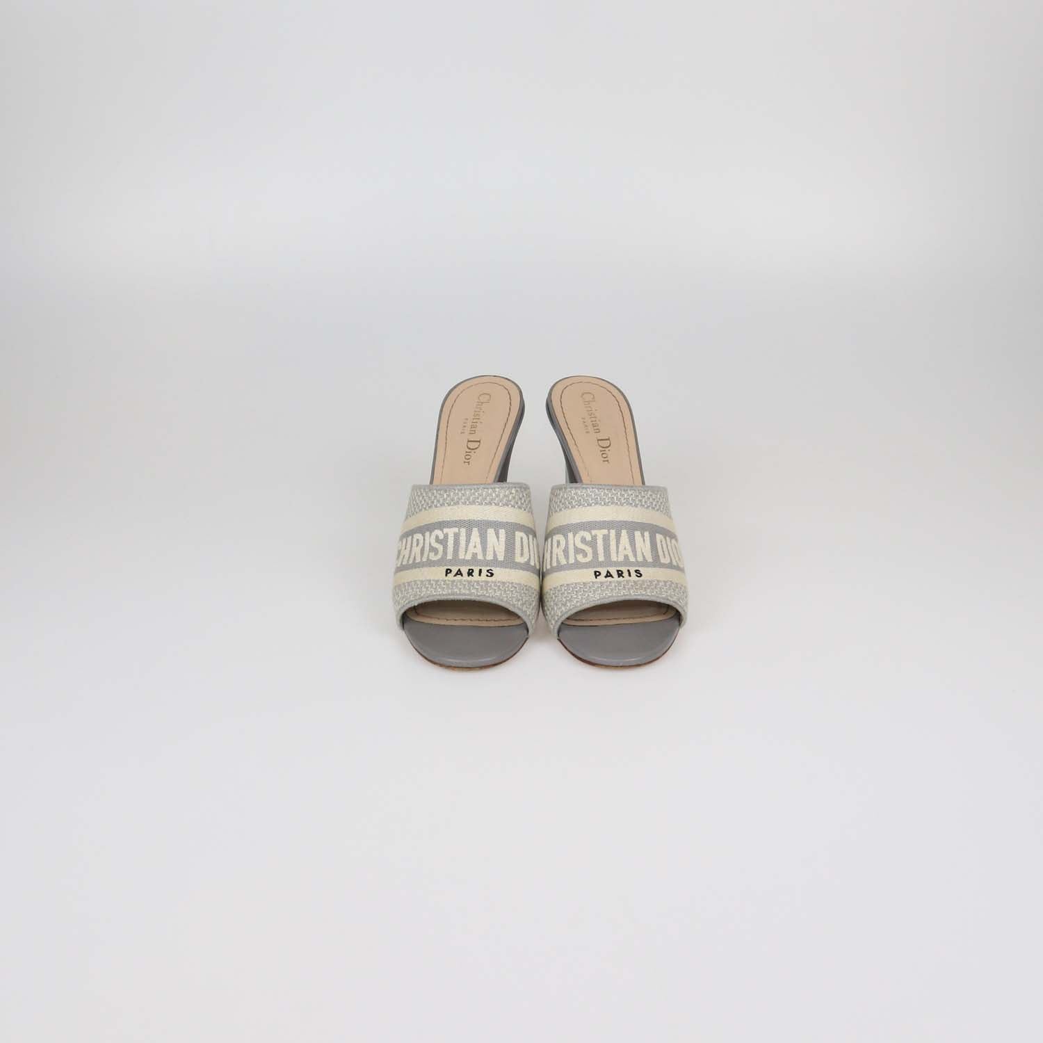 Christian Dior Grey Embroidered Canvas Dway Block Heel Slide Sandals