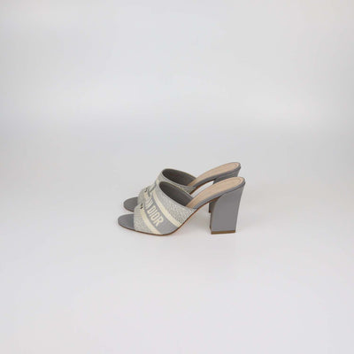 Christian Dior Grey Embroidered Canvas Dway Block Heel Slide Sandals
