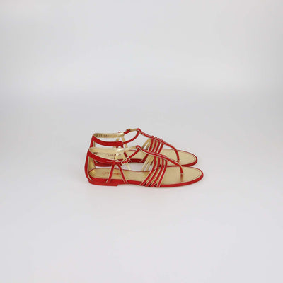 Chanel Red/Gold Suede T-Strap Flat Sandals