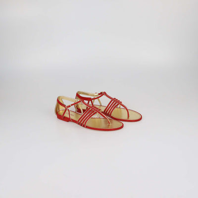 Chanel Red/Gold Suede T-Strap Flat Sandals