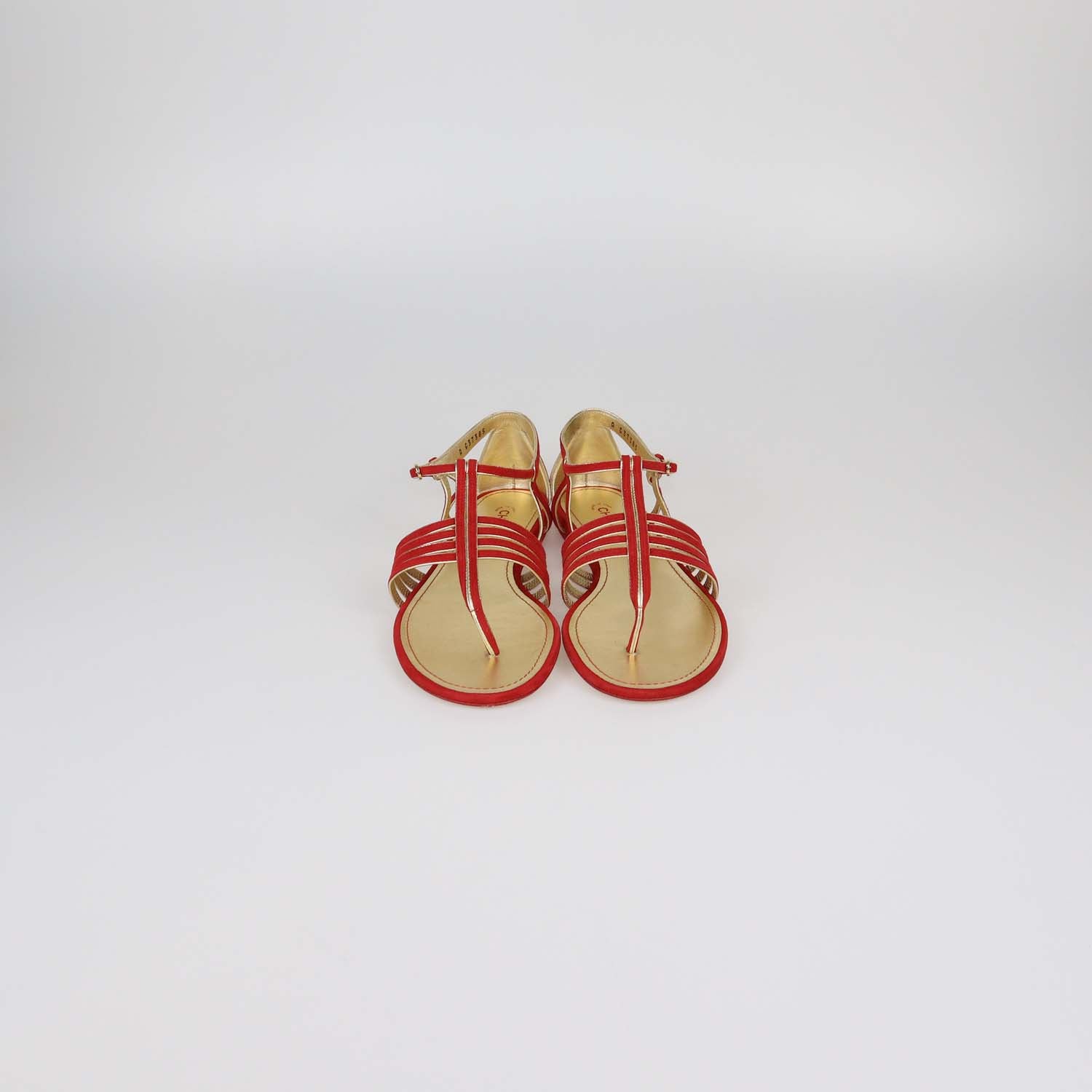 Chanel Red/Gold Suede T-Strap Flat Sandals