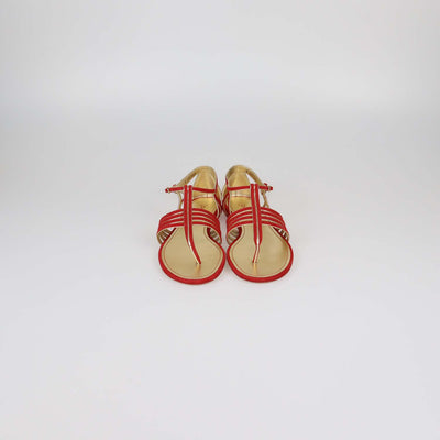 Chanel Red/Gold Suede T-Strap Flat Sandals