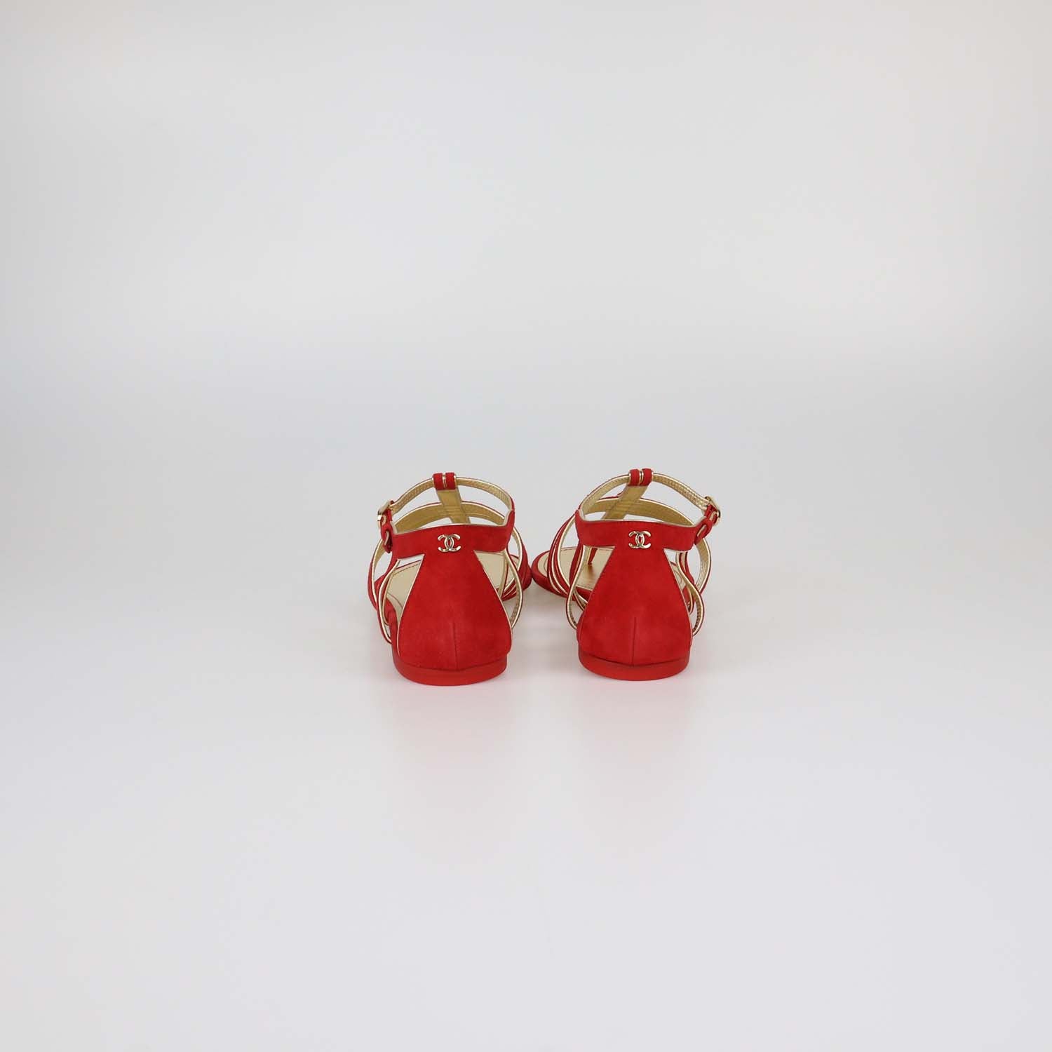 Chanel Red/Gold Suede T-Strap Flat Sandals