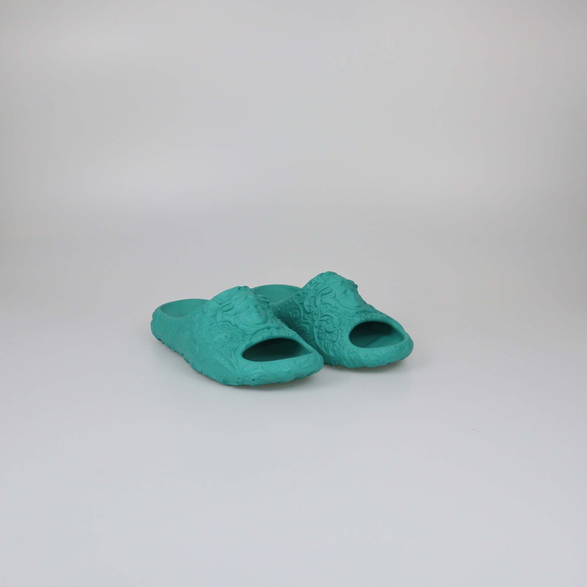 Versace Green Baroque Medusa Embossed Pool Slides Womens Versace 