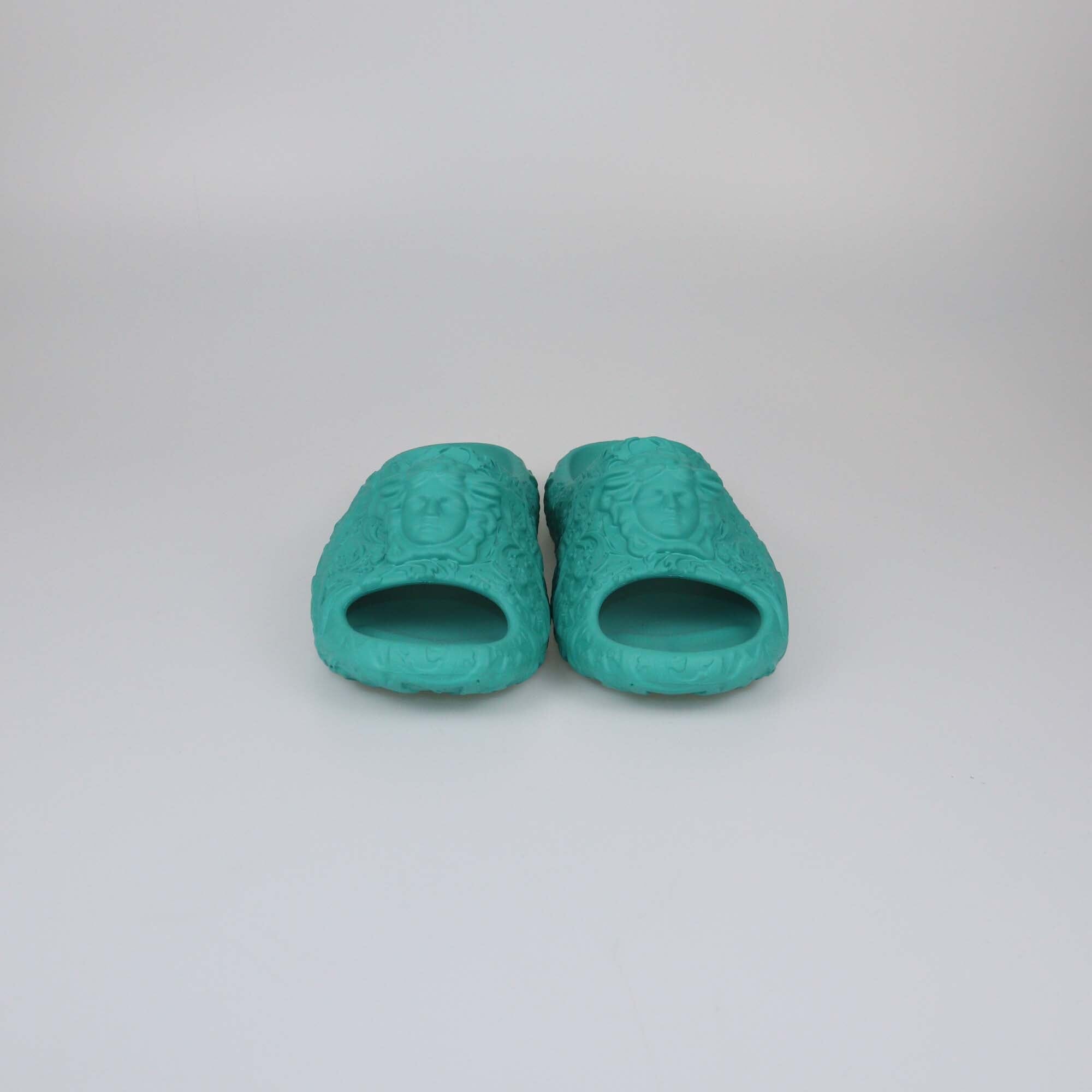 Versace Green Baroque Medusa Embossed Pool Slides Womens Versace 