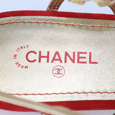 Chanel Red/Gold Suede T-Strap Flat Sandals