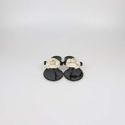 Chanel Black/Off White Rubber Camellia Thong Sandals