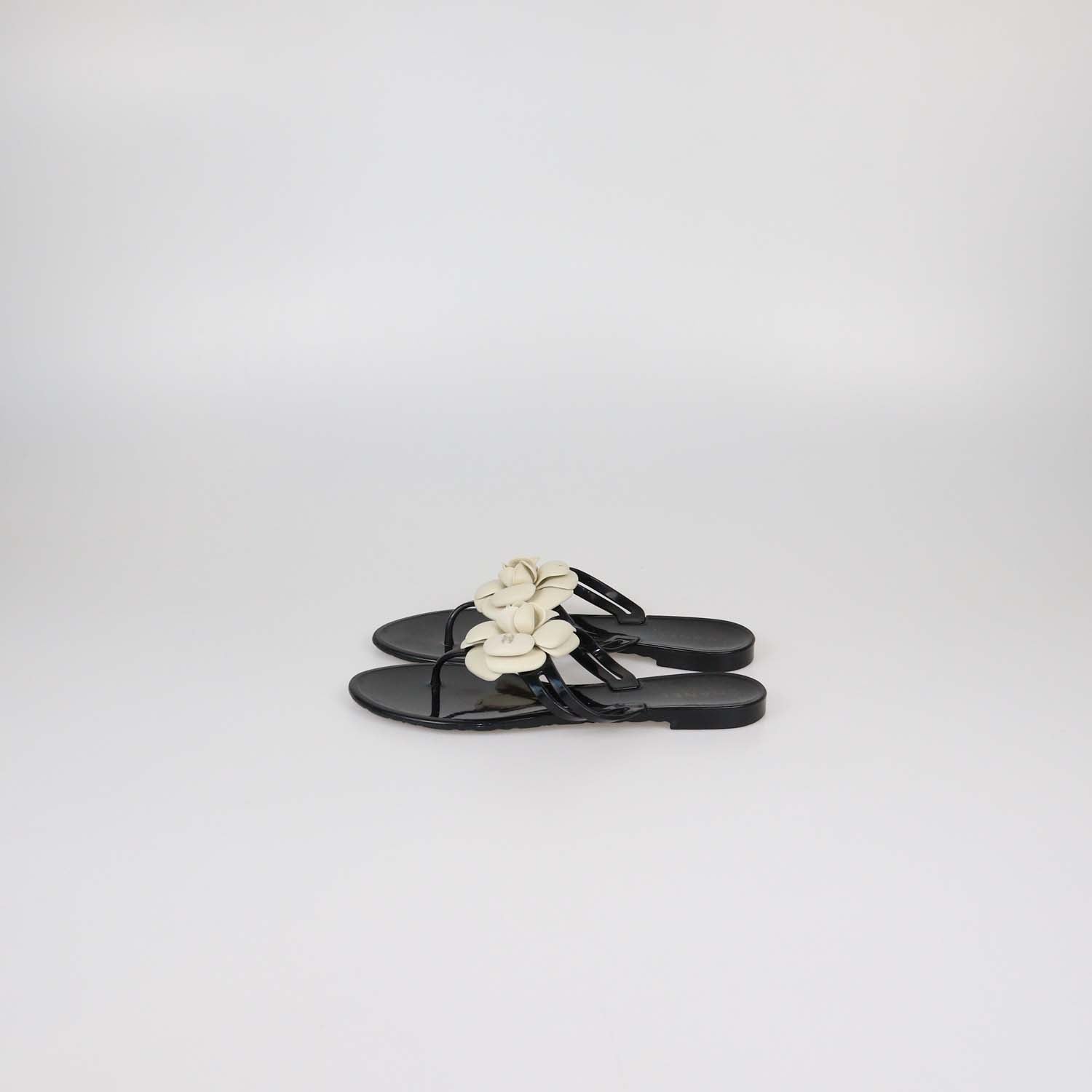Chanel Black/Off White Rubber Camellia Thong Sandals