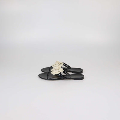Chanel Black/Off White Rubber Camellia Thong Sandals
