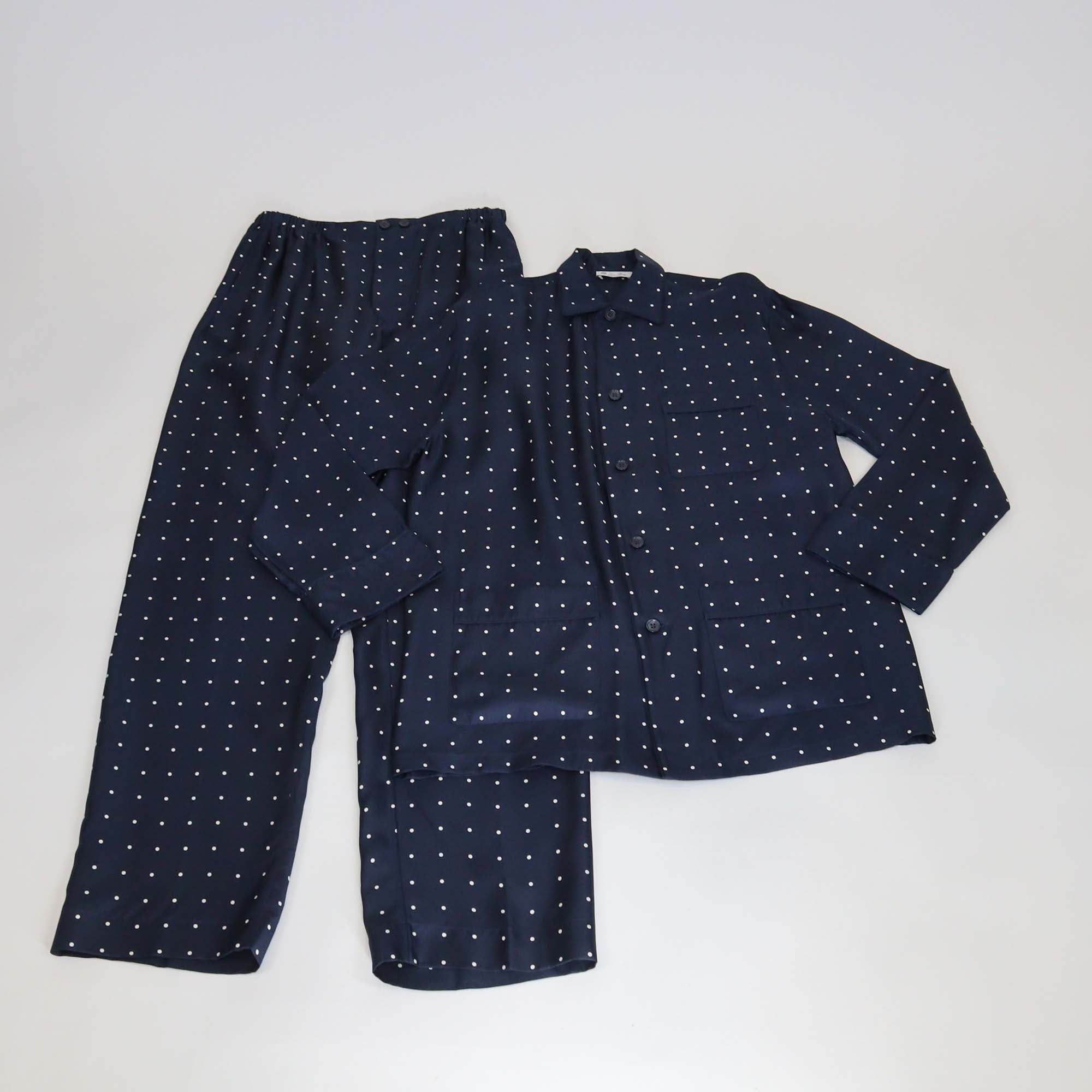 Loro Piana Navy Blue Silk Polka Dot Lian Pyjamas Shirt & Britton Trousers Set