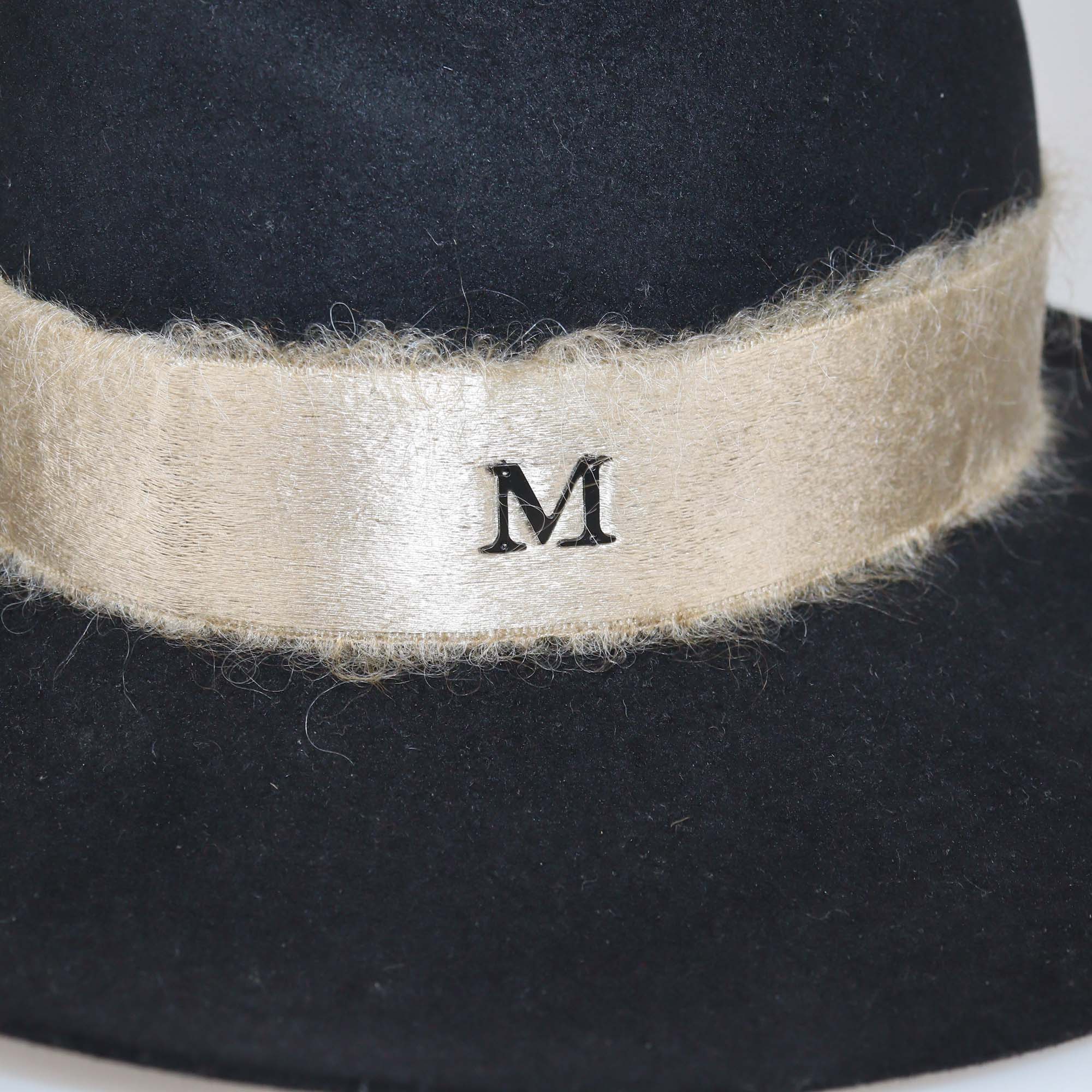 Maison Michel Black Wool Felt Mohair Ribbon Logo Fedora Hat