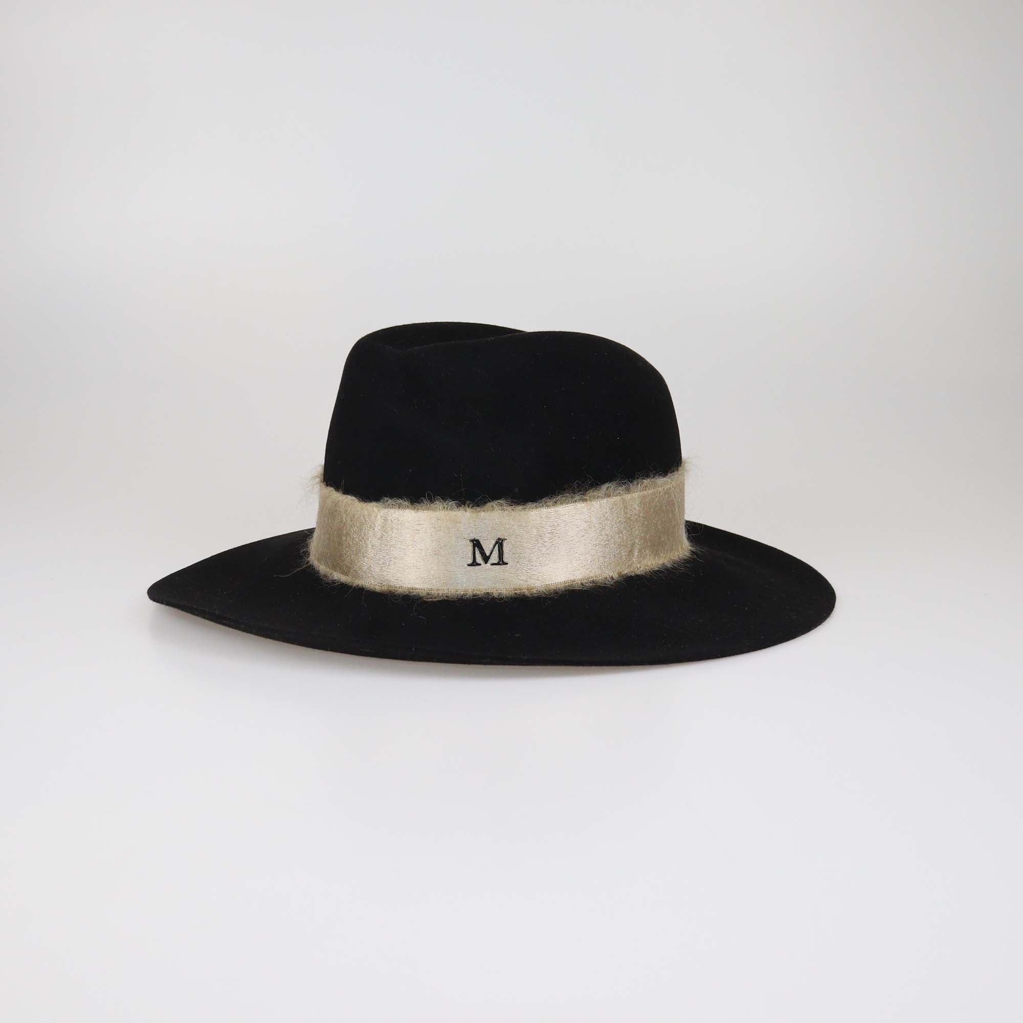 Maison Michel Black Wool Felt Mohair Ribbon Logo Fedora Hat