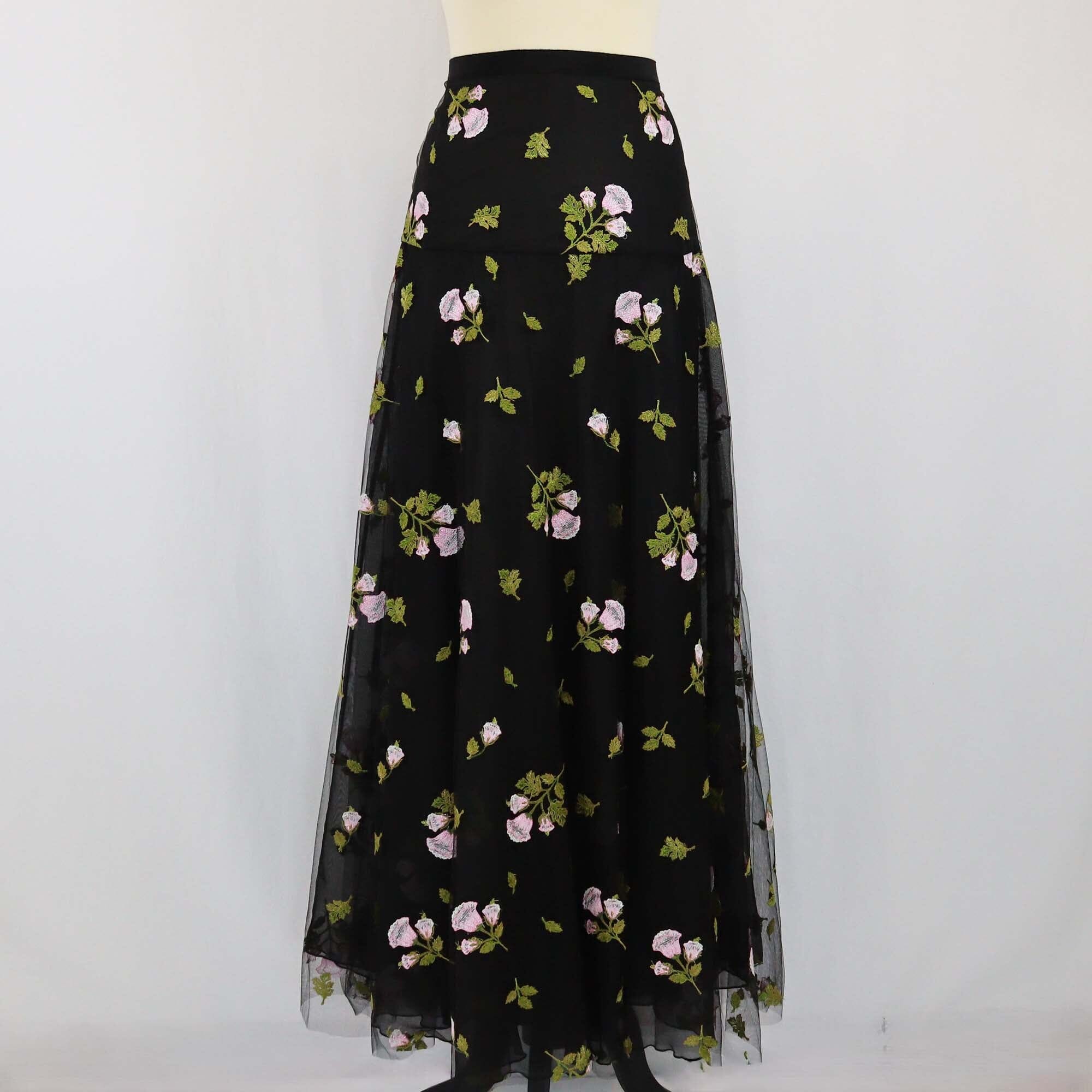 Giambattista Valli Black Floral Embroidered Ruffle Trimmed Maxi Skirt