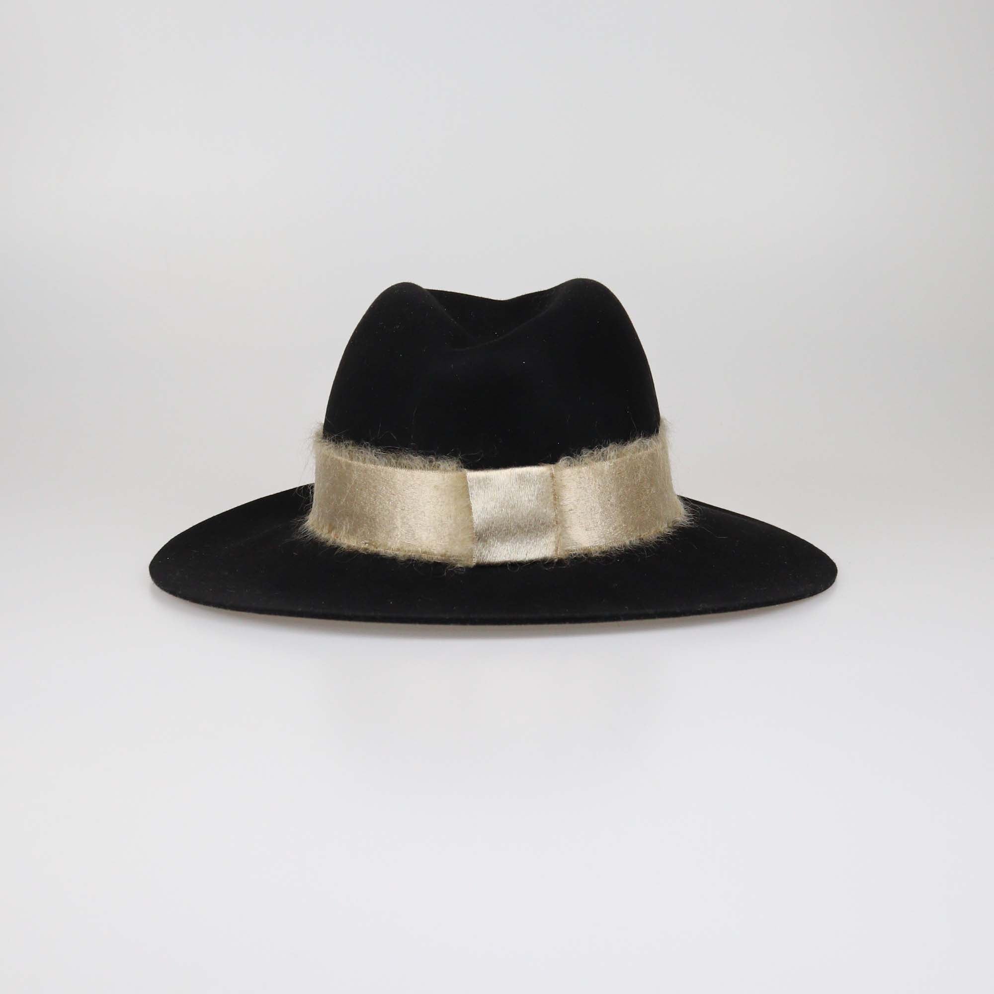 Maison Michel Black Wool Felt Mohair Ribbon Logo Fedora Hat
