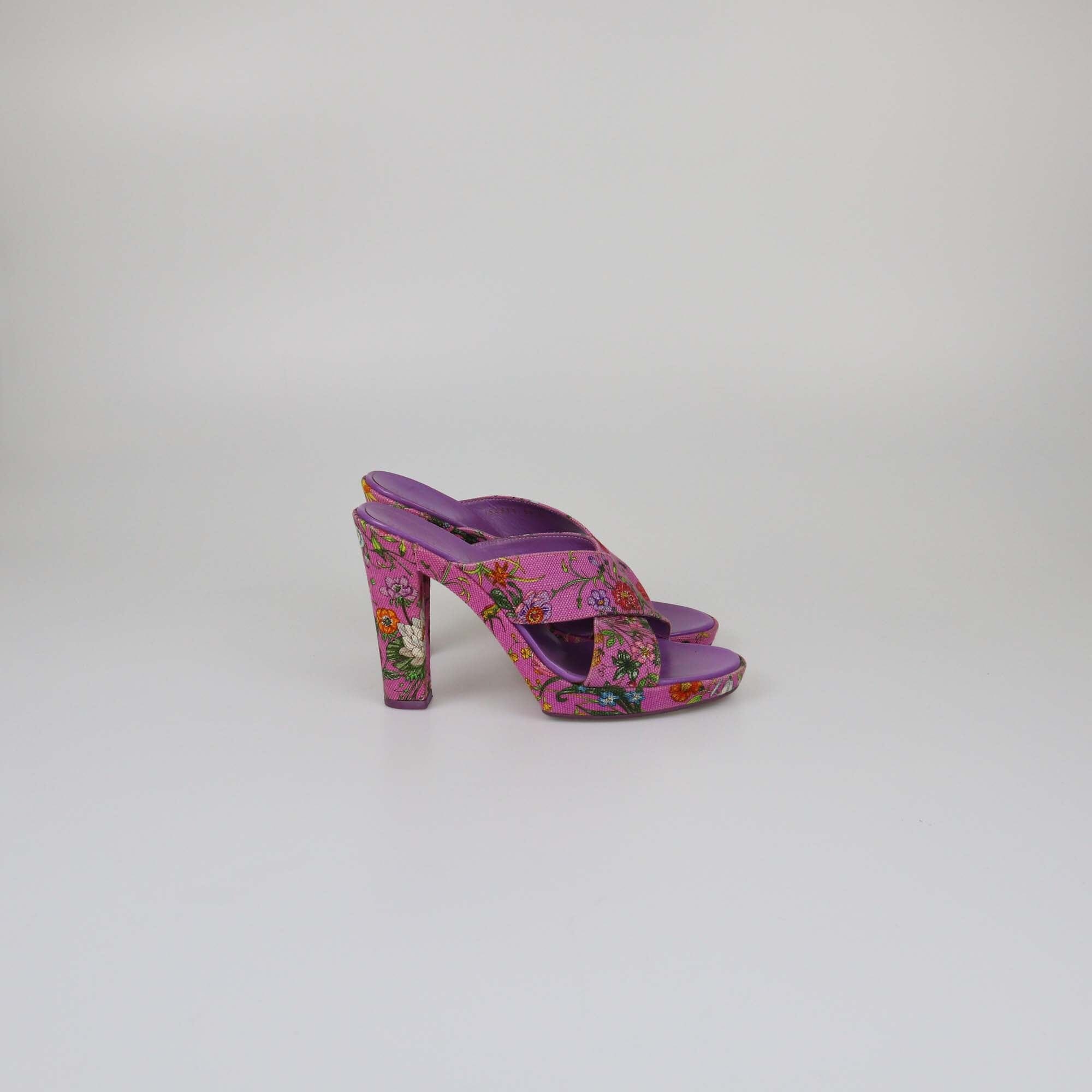 Gucci Purple Floral Print Platform Mules Womens Gucci 