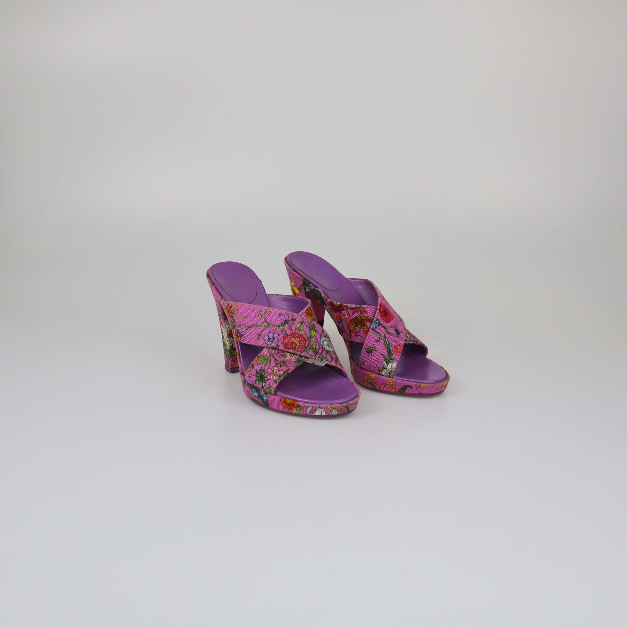 Gucci Purple Floral Print Platform Mules Womens Gucci 