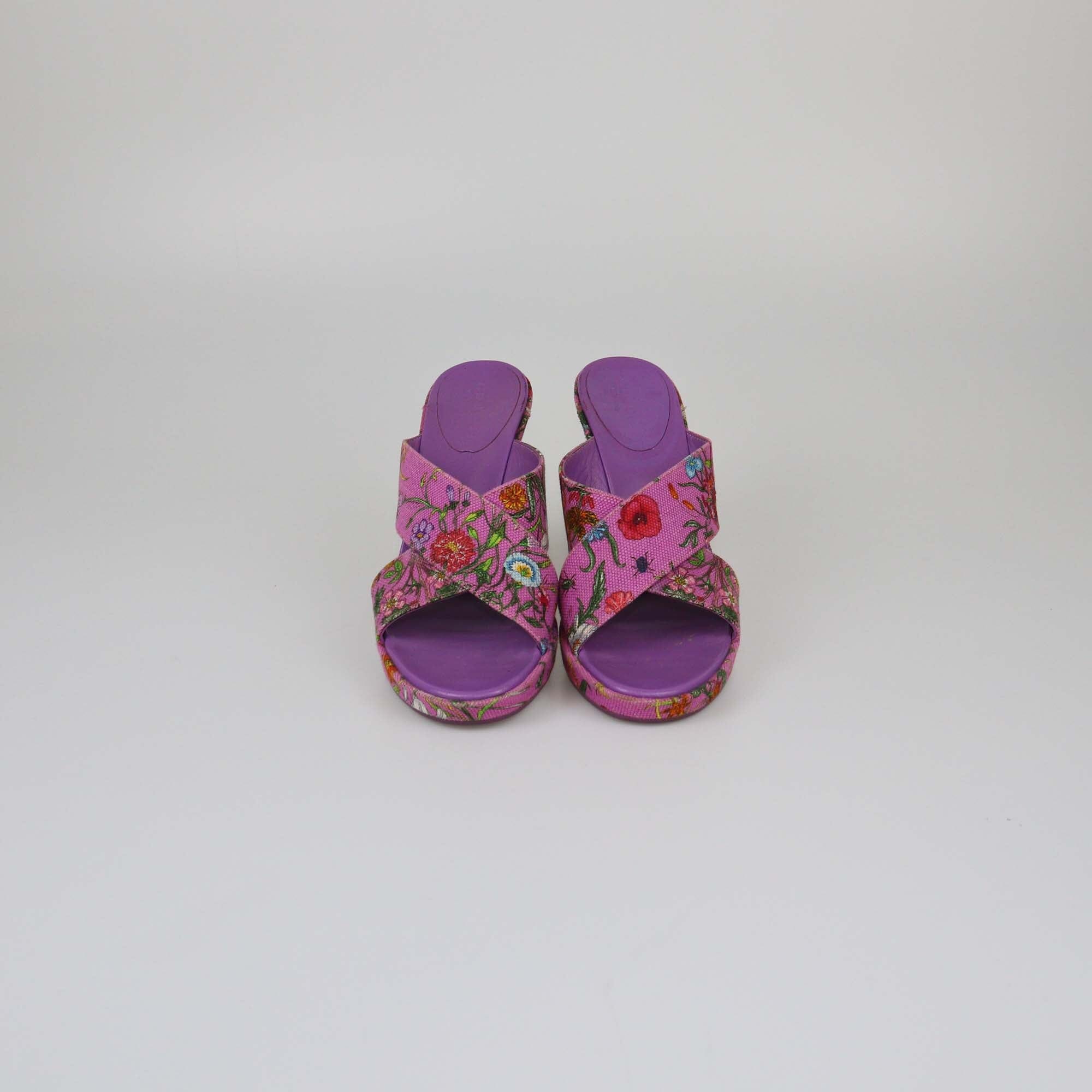 Gucci Purple Floral Print Platform Mules Womens Gucci 