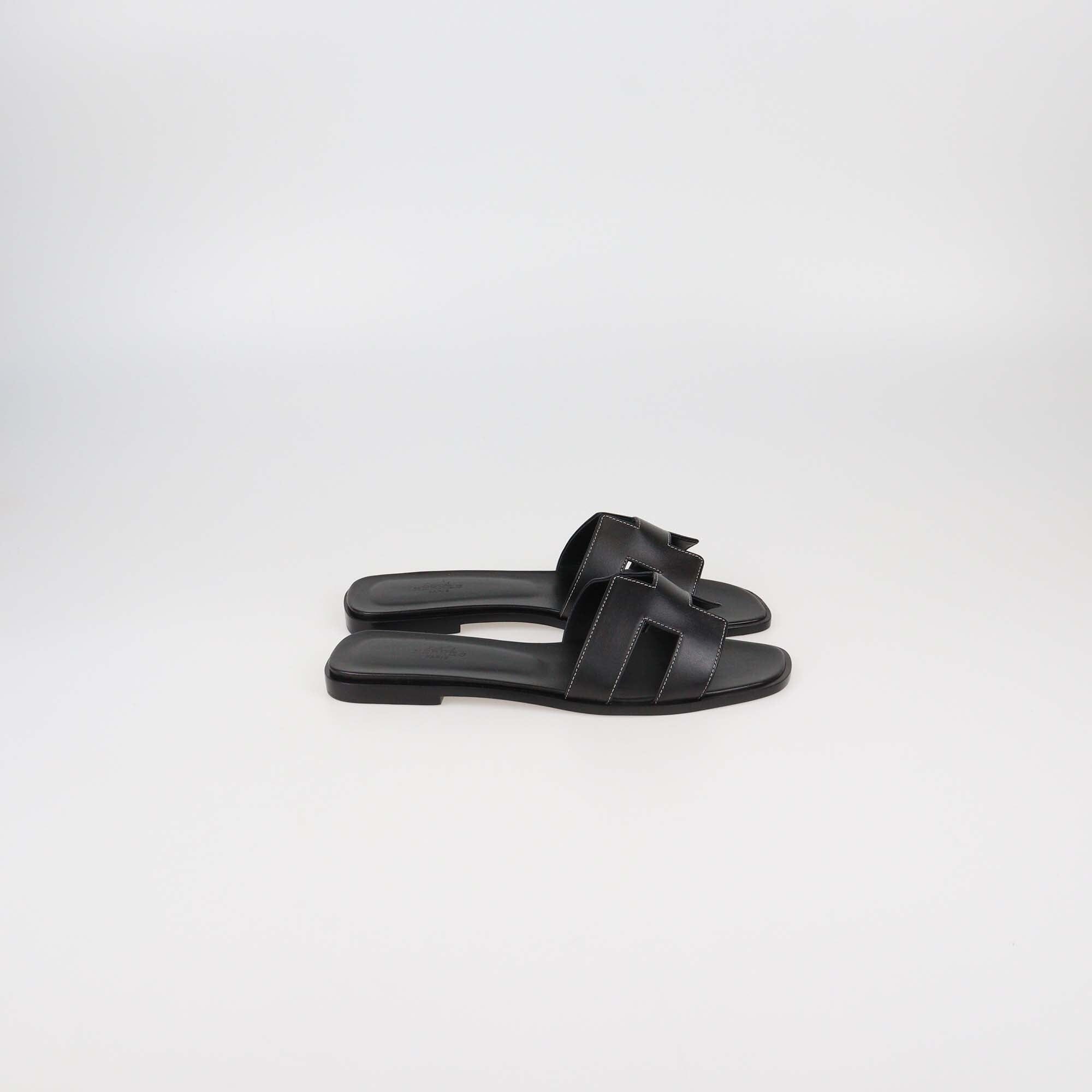 Hermes Black Leather Oran Sandals Womens Hermes 