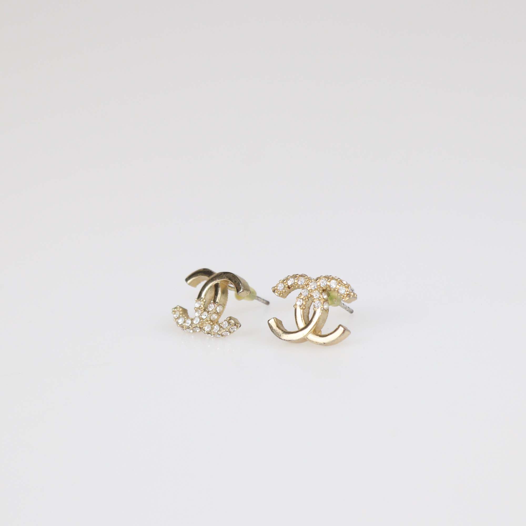 Chanel Gold Tone Metal CC Half Crystal Earrings