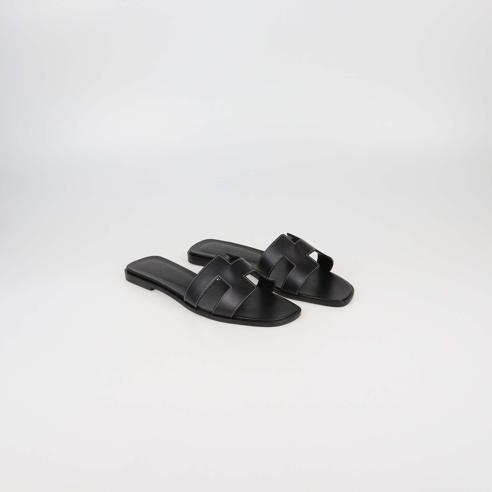 Hermes Black Leather Oran Sandals Womens Hermes 