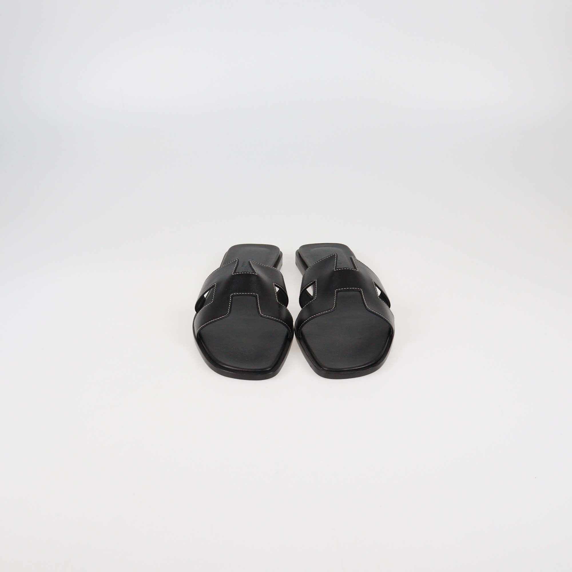 Hermes Black Leather Oran Sandals Womens Hermes 