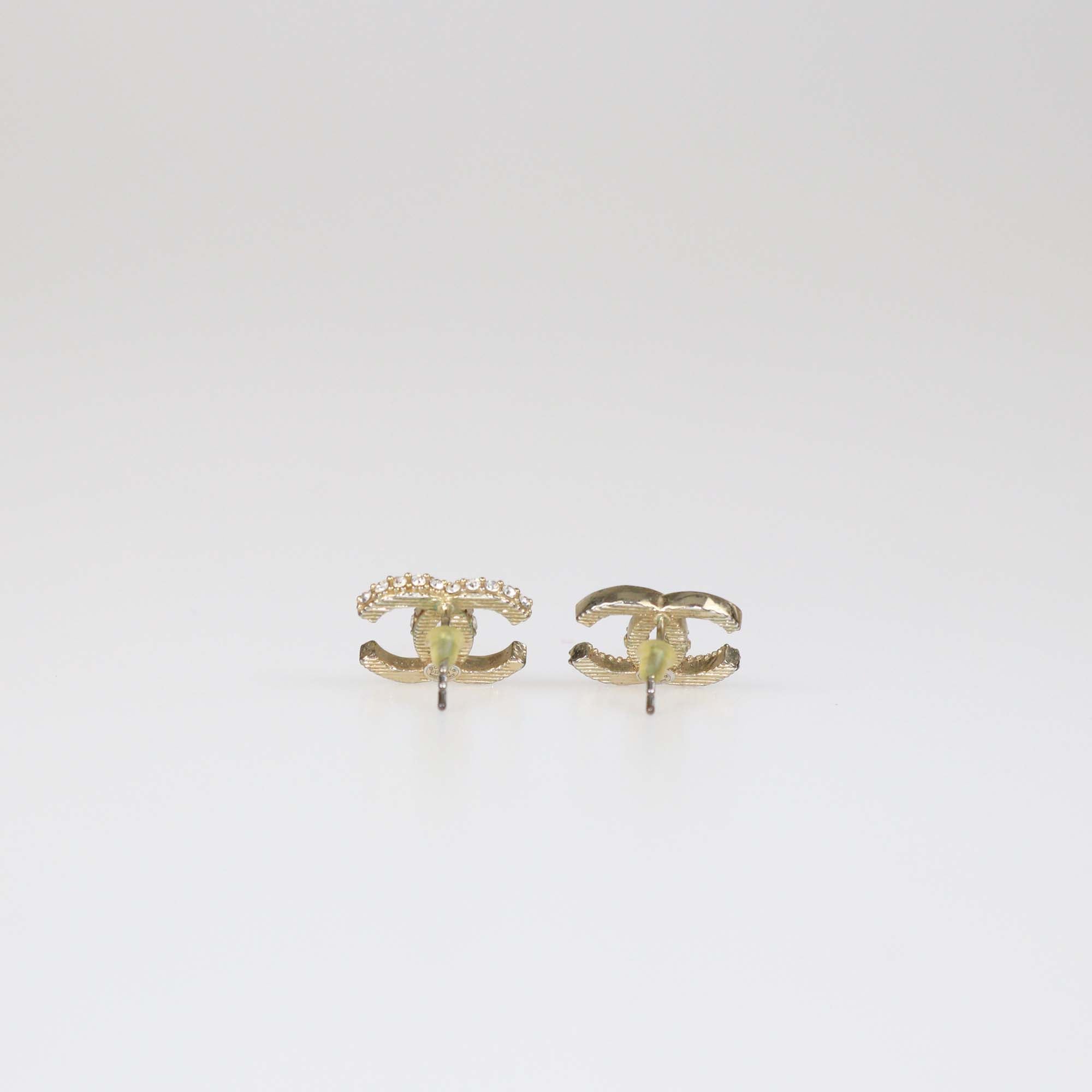 Chanel Gold Tone Metal CC Half Crystal Earrings