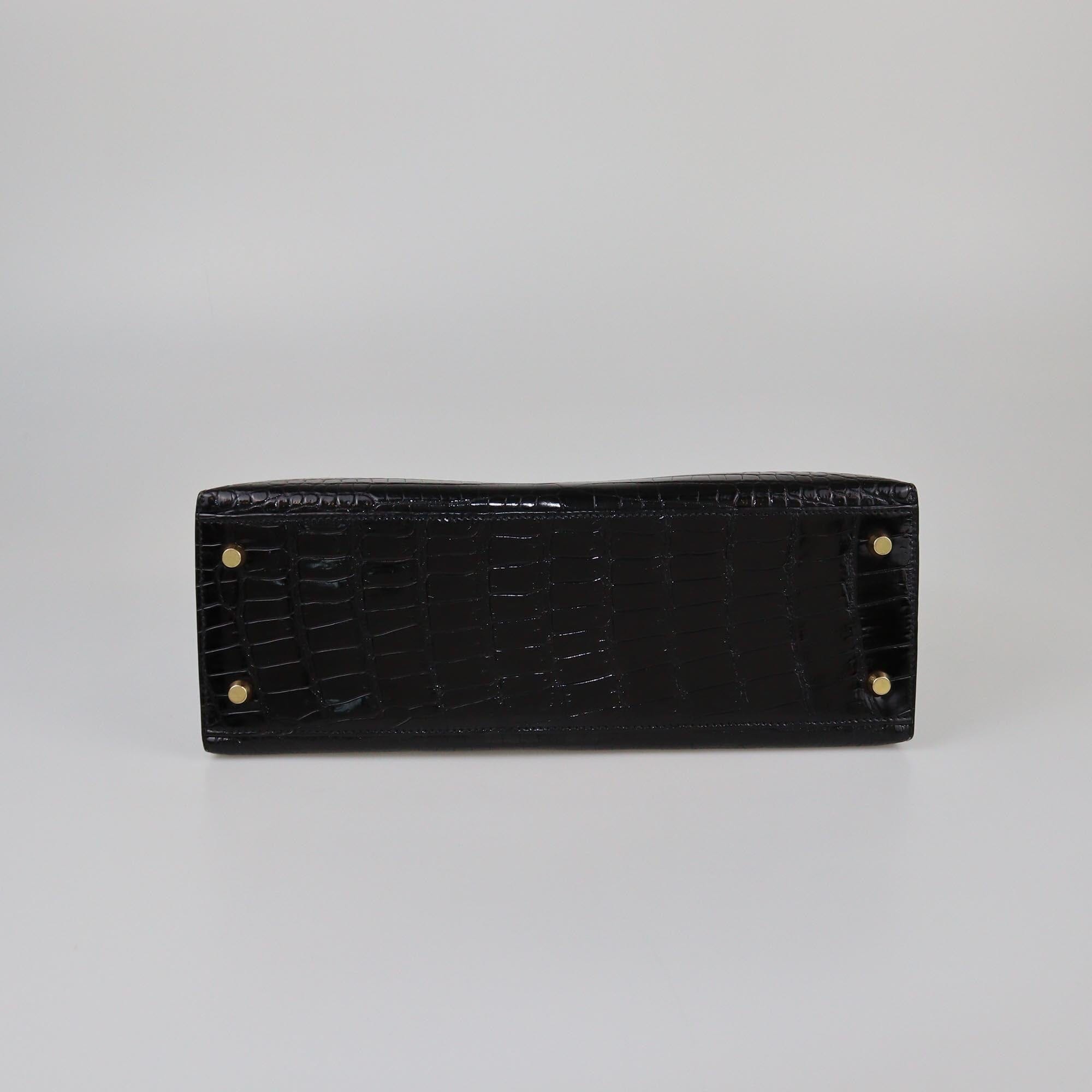 Hermes Black Crocodile Porosus Gold hardware Kelly Sellier 32 Womens Hermes 