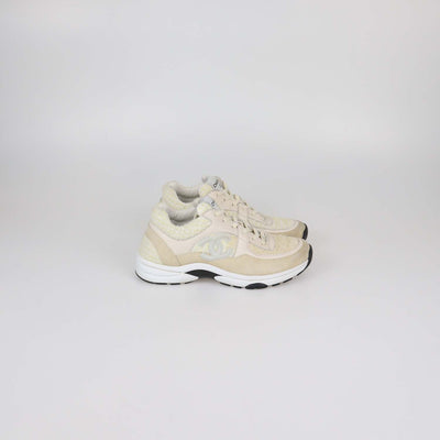 Chanel Beige/Yellow Tweed and Leather CC Low Top Sneakers