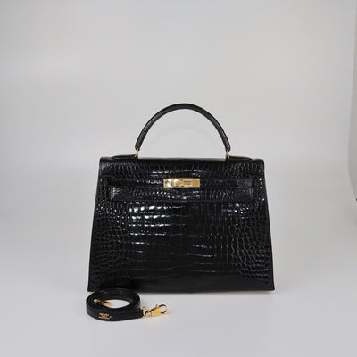 Hermes Black Crocodile Porosus Gold hardware Kelly Sellier 32 Womens Hermes 