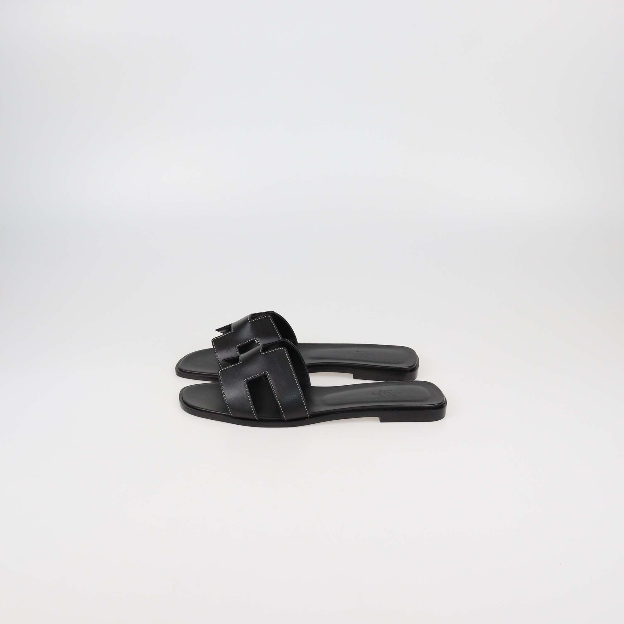 Hermes Black Leather Oran Sandals Womens Hermes 