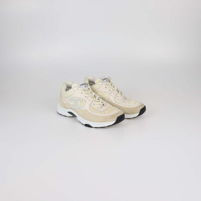 Chanel Beige/Yellow Tweed and Leather CC Low Top Sneakers