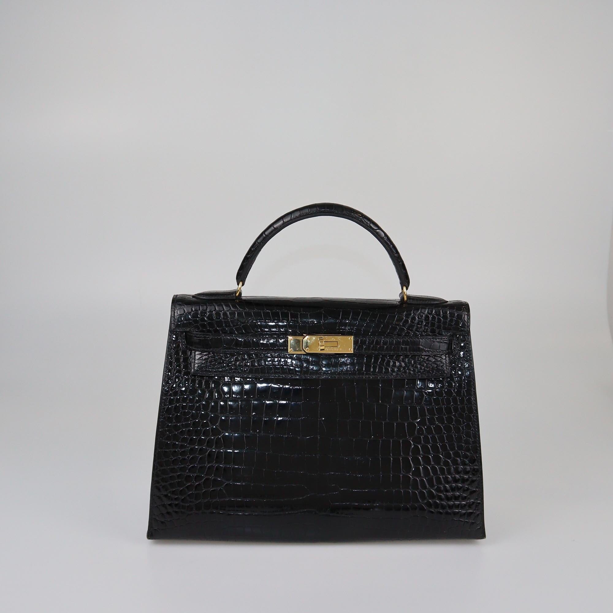 Hermes Black Crocodile Porosus Gold hardware Kelly Sellier 32 Womens Hermes 