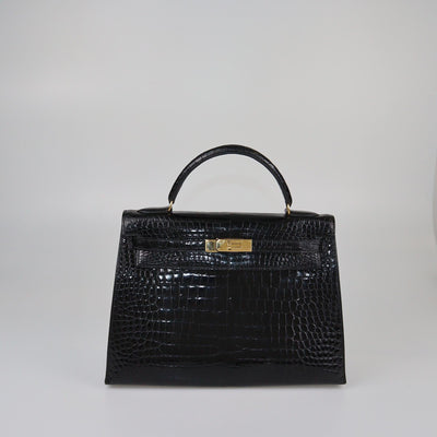 Hermes Black Crocodile Porosus Gold hardware Kelly Sellier 32 Womens Hermes 