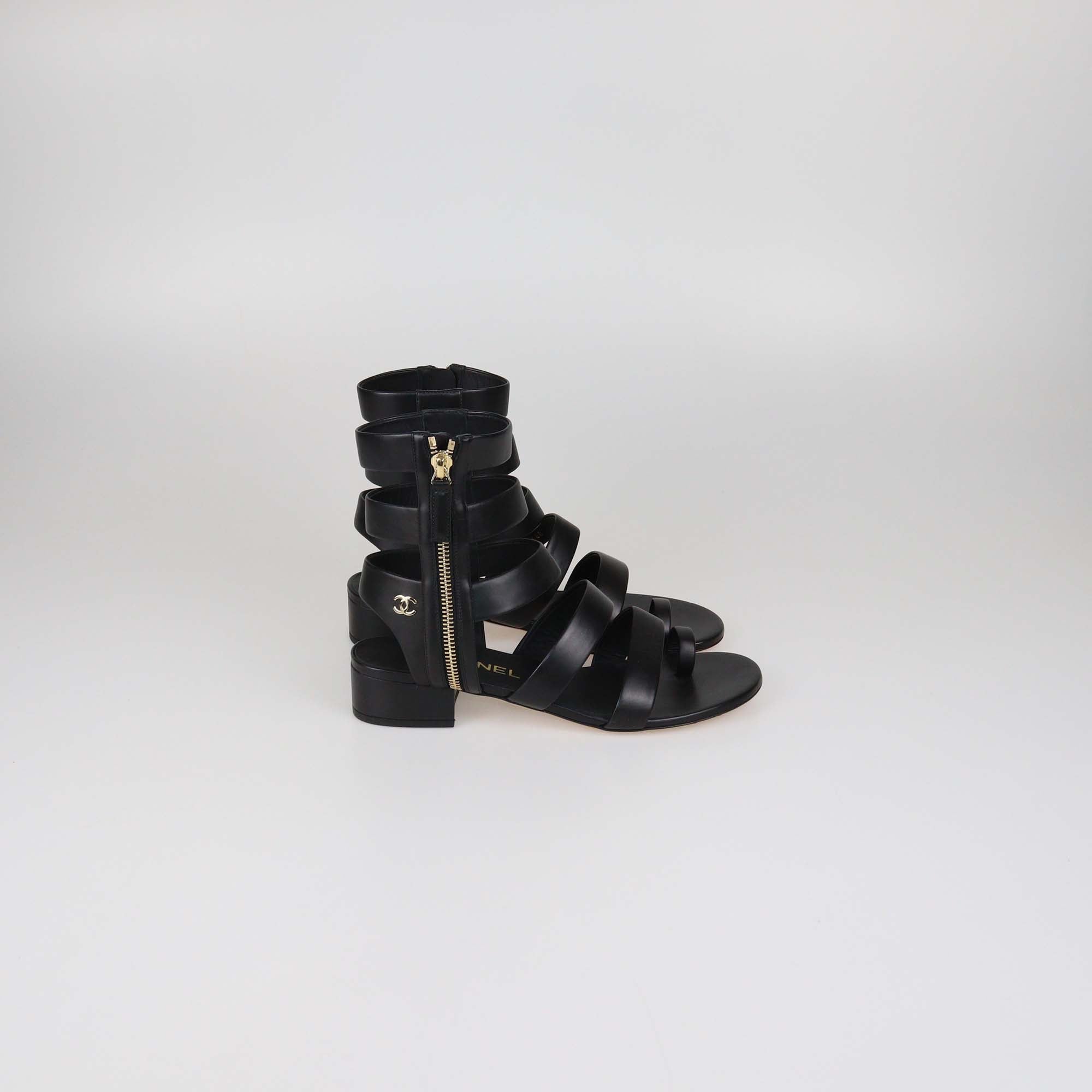 Chanel Black Leather CC Gladiator Flat Sandals