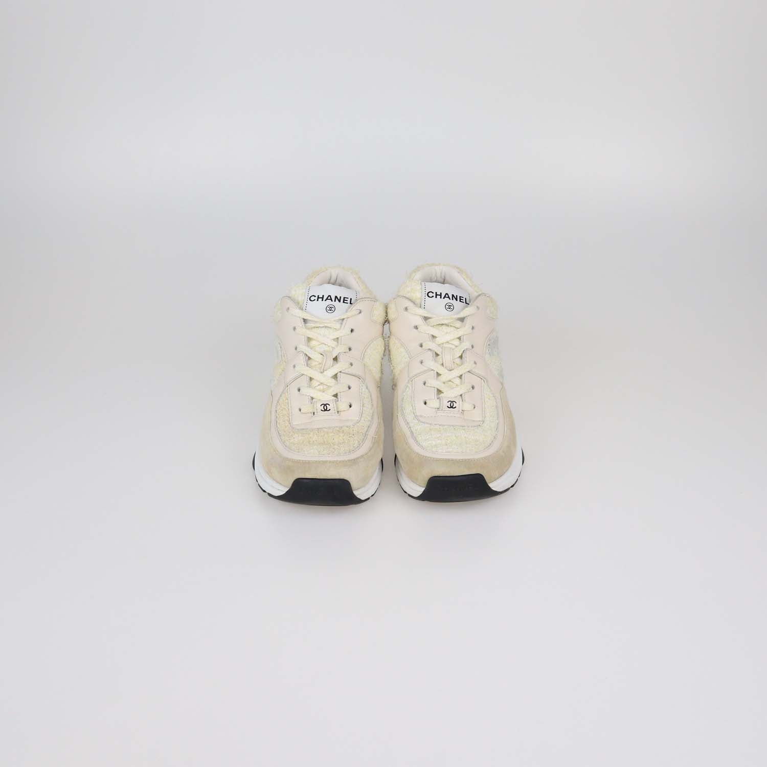 Chanel Beige/Yellow Tweed and Leather CC Low Top Sneakers